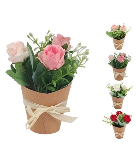 12PZ BOUQUET FIORI FINTI PIANTINA ROSE CON CARTONCINO FIOCCO 656891