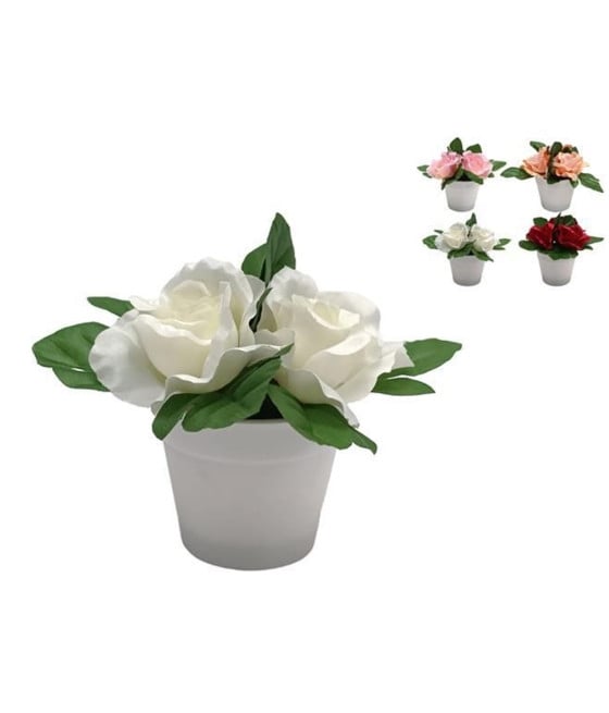 SET 12 PZ PIANTINA DI ROSE ARTIFICIALE CON VASO ROTONDO BIANCO 659298