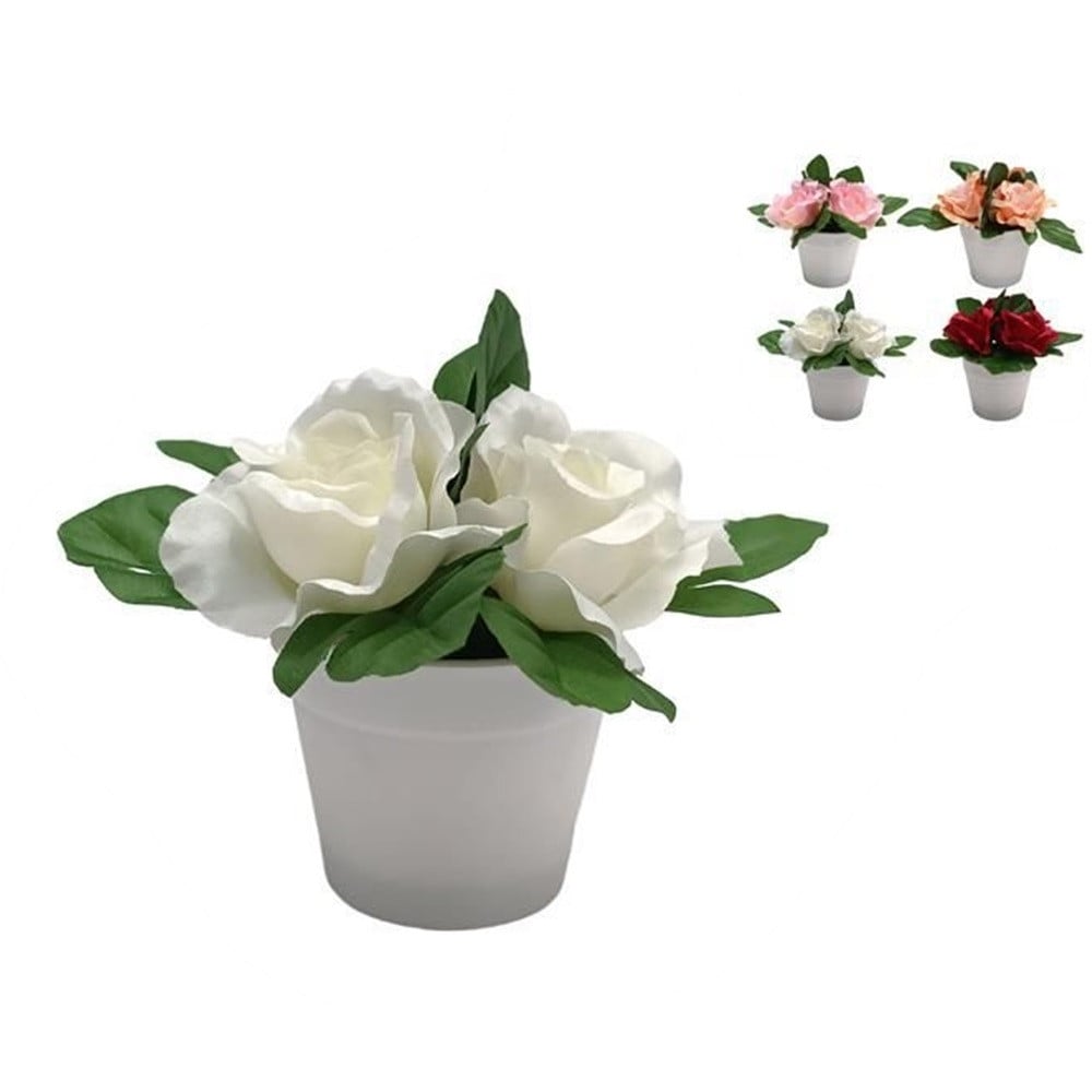 SET 12 PZ PIANTINA DI ROSE ARTIFICIALE CON VASO ROTONDO BIANCO 659298