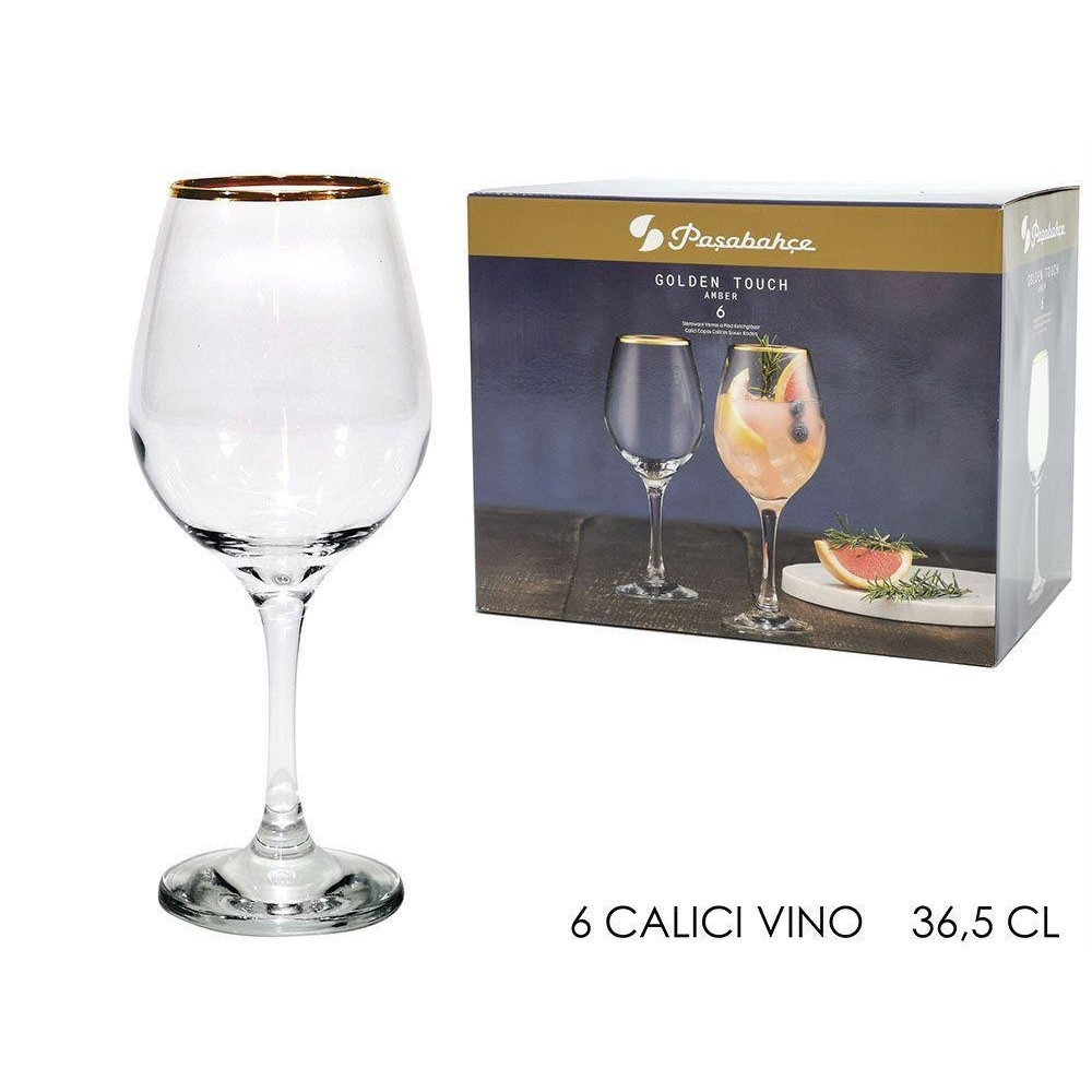 SET 6 CALICI VINO IN VETRO TRASPARENTE CON BORDO SUPERIORE ORO 36,5CL