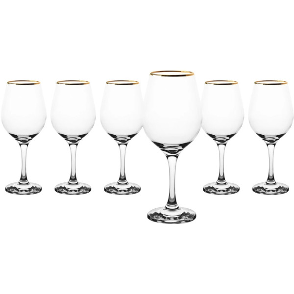 SET 6 CALICI VINO IN VETRO TRASPARENTE CON BORDO SUPERIORE ORO 36,5CL