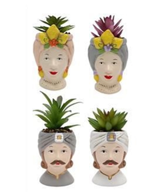 SET 12PZ VASO DI FIORI FORMA DI TESTA MORO PIANTA GRASSA 14 CM 660553