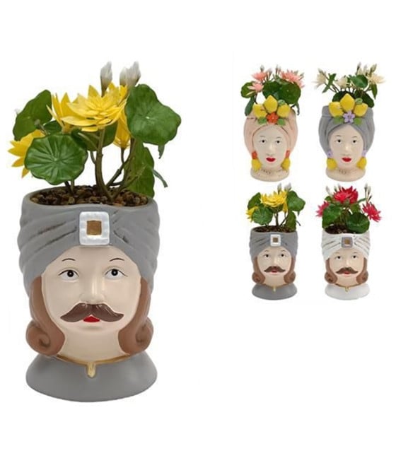 VASO FIORI FORMA TESTA MORO STATUETTA CON PIANTA GRASSA 23CM 660560