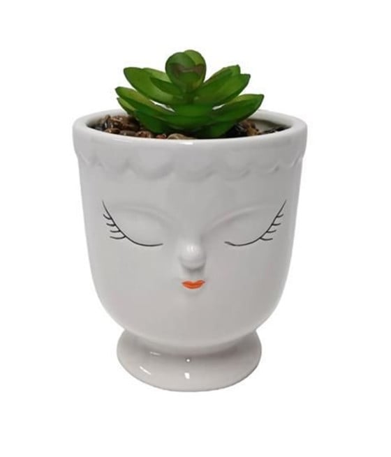 PIANTINA DECORATIVA GRASSA ARTIFICIALE VASO BIANCO CON LINEAMENTI VISO