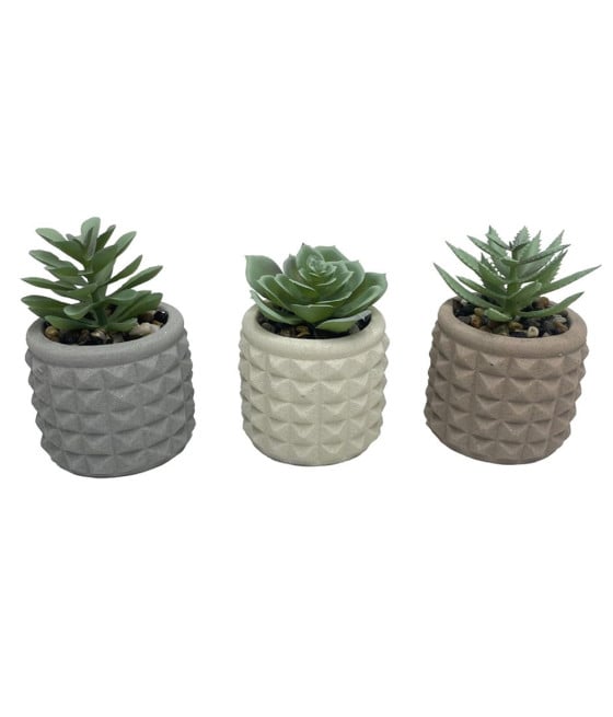 6PZ PIANTA VERDE FINTA CON VASO CERAMICA GEOMETRICO A RILIEVO 157992