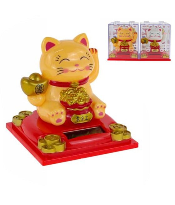 GATTO PORTAFORTUNA SOLARE CON LINGOTTI ORO SACCO DENARO 8X8X9CM 73774