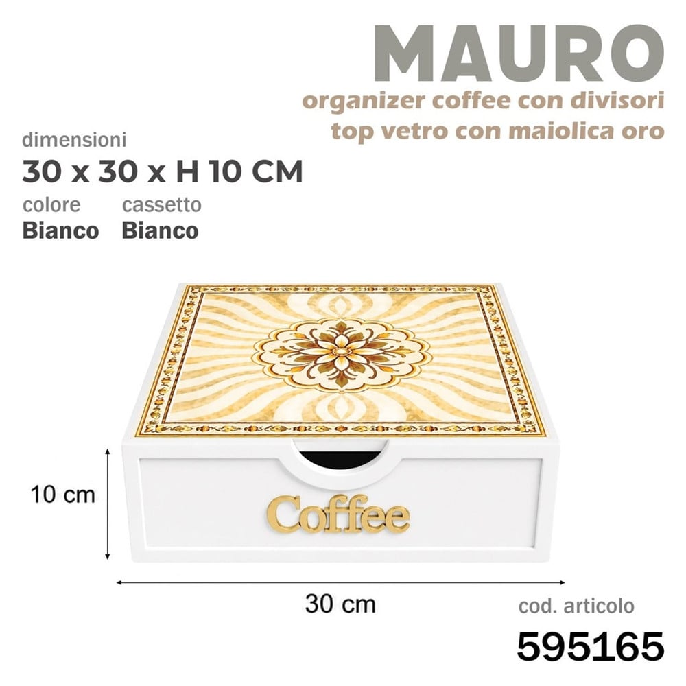 ORGANIZER PORTA CAPSULE CIALDE BIANCO COFFEE TOP VETRO MAIOLICA ORO