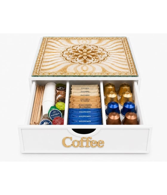 ORGANIZER PORTA CAPSULE CIALDE BIANCO COFFEE TOP VETRO MAIOLICA ORO