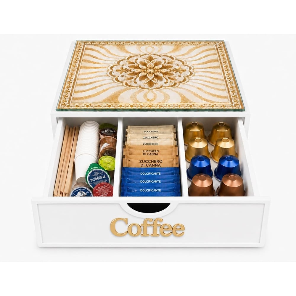 ORGANIZER PORTA CAPSULE CIALDE BIANCO COFFEE TOP VETRO MAIOLICA ORO