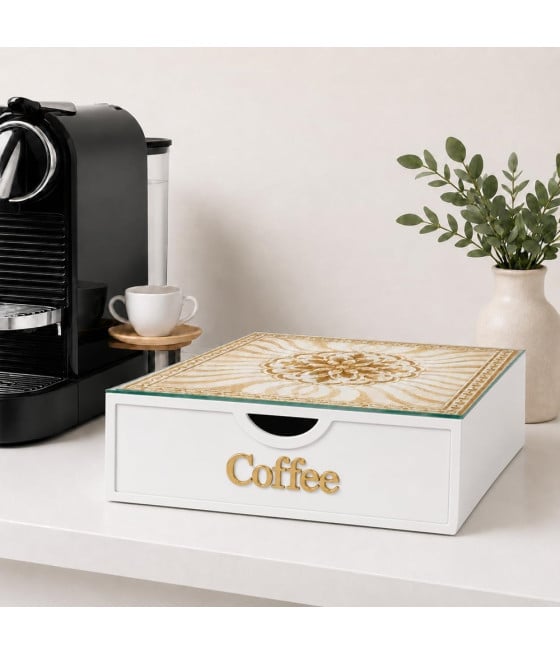 ORGANIZER PORTA CAPSULE CIALDE BIANCO COFFEE TOP VETRO MAIOLICA ORO