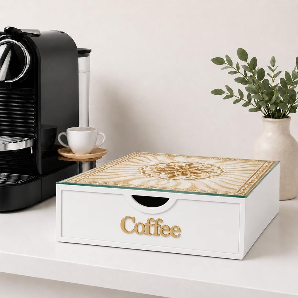 ORGANIZER PORTA CAPSULE CIALDE BIANCO COFFEE TOP VETRO MAIOLICA ORO