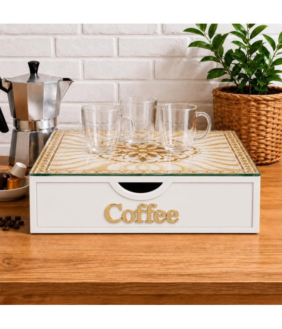 ORGANIZER PORTA CAPSULE CIALDE BIANCO COFFEE TOP VETRO MAIOLICA ORO