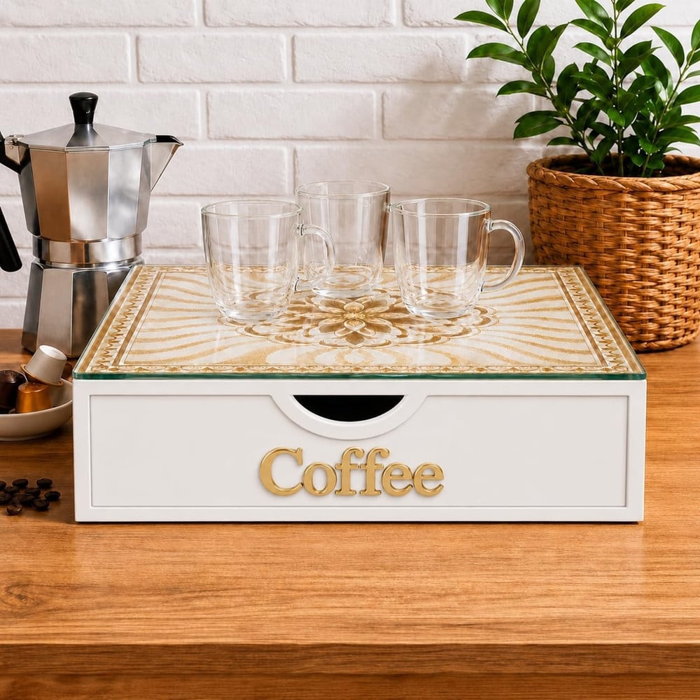ORGANIZER PORTA CAPSULE CIALDE BIANCO COFFEE TOP VETRO MAIOLICA ORO