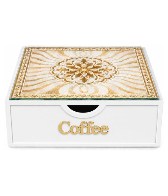 ORGANIZER PORTA CAPSULE CIALDE BIANCO COFFEE TOP VETRO MAIOLICA ORO