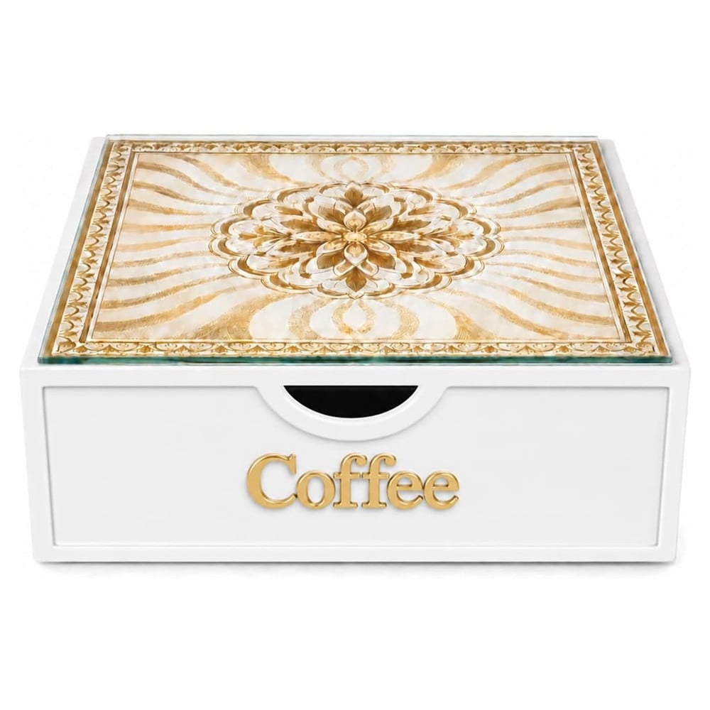 ORGANIZER PORTA CAPSULE CIALDE BIANCO COFFEE TOP VETRO MAIOLICA ORO