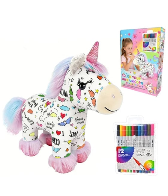 PELUCHE UNICORNO DA COLORARE CON 12 PENNARELLI LAVABILE GIOCO CREATIVO