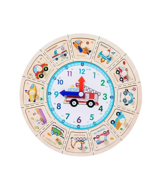 OROLOGIO PUZZLE LEGNO GIOCO TESSERE INCASTRO VEICOLI CON POMELLI 53770