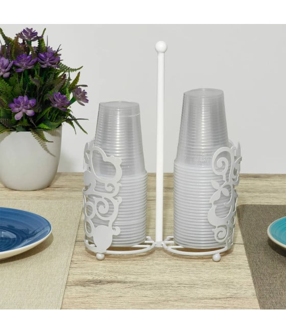 PORTABICCHIERI METALLO BIANCO 2 SCOMPARTI DESIGN TRAFORATO DECORATIVO