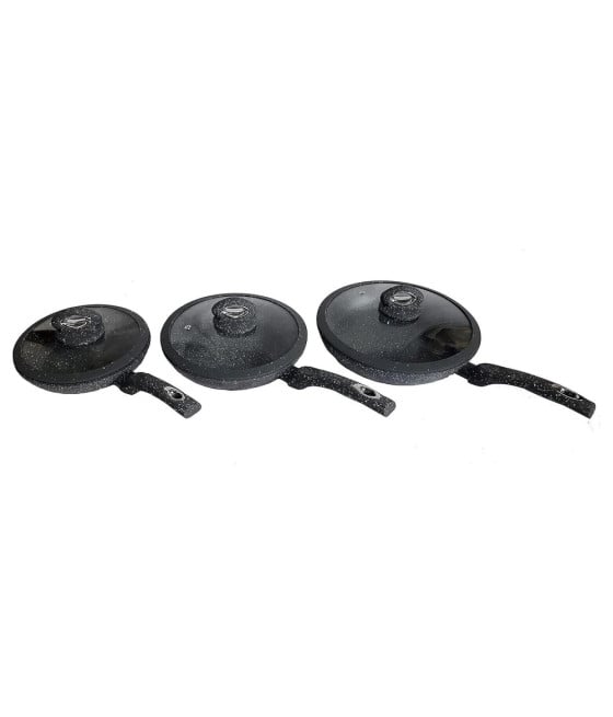 TRIS PADELLE ANTIADERENTI EFFETTO PIETRA Ø20-24-28CM COPERCHI INDUZIONE