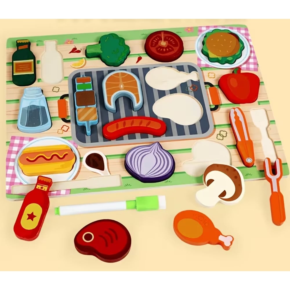 PUZZLE LAVAGNA GIOCO LEGNO REVERSIBILE BAMBINI TEMA BARBECUE CUCINA