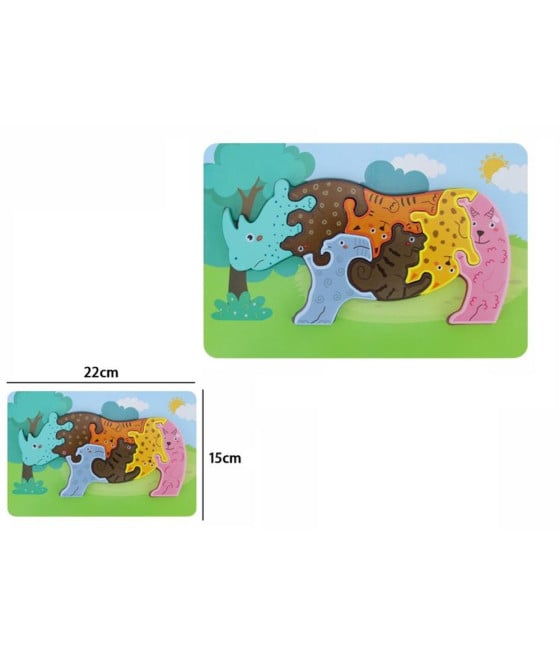 PUZZLE LEGNO FORMA RINOCERONTE RAFFIGURANTE VARI ANIMALI INCASTRO 74371