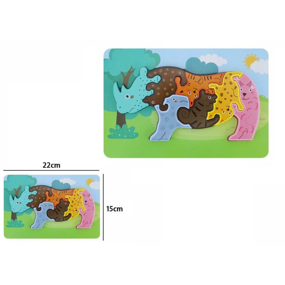 PUZZLE LEGNO FORMA RINOCERONTE RAFFIGURANTE VARI ANIMALI INCASTRO 74371