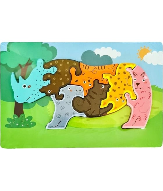 PUZZLE LEGNO FORMA RINOCERONTE RAFFIGURANTE VARI ANIMALI INCASTRO 74371