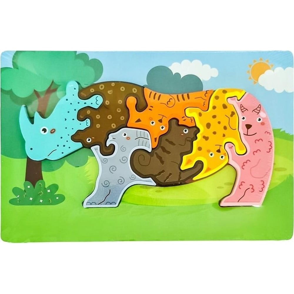 PUZZLE LEGNO FORMA RINOCERONTE RAFFIGURANTE VARI ANIMALI INCASTRO 74371