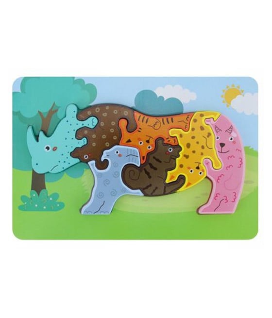 PUZZLE LEGNO FORMA RINOCERONTE RAFFIGURANTE VARI ANIMALI INCASTRO 74371