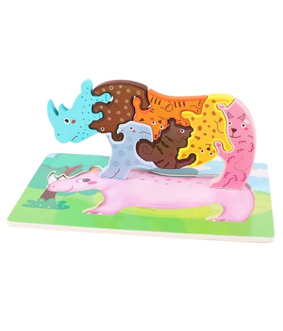 PUZZLE LEGNO FORMA RINOCERONTE RAFFIGURANTE VARI ANIMALI INCASTRO 74371