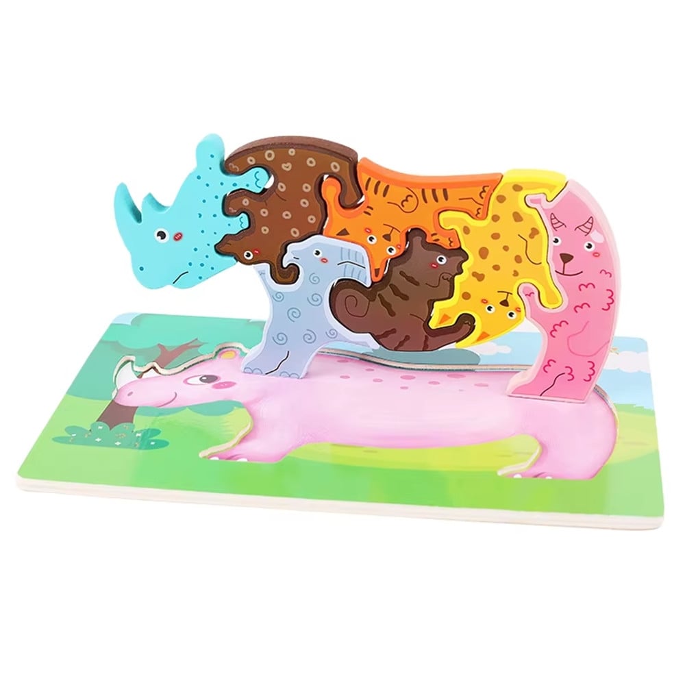 PUZZLE LEGNO FORMA RINOCERONTE RAFFIGURANTE VARI ANIMALI INCASTRO 74371