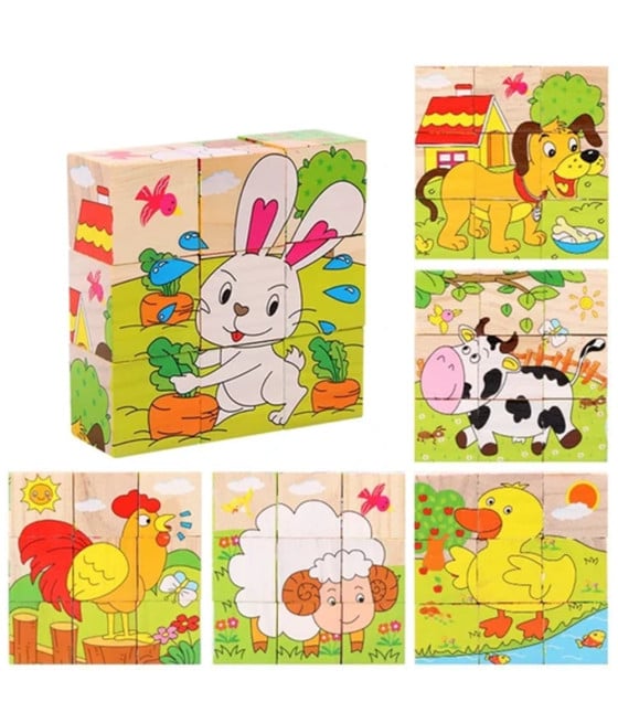 PUZZLE ROMPICAPO CUBI LEGNO PER BAMBINI DESIGN ANIMALI FATTORIA 31586