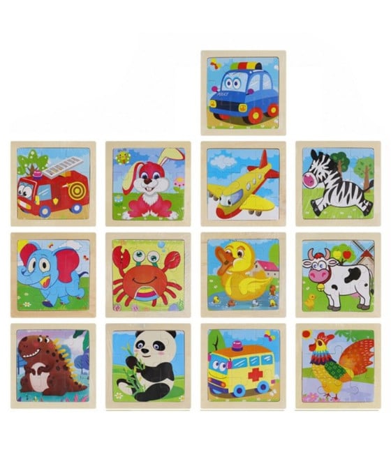 3PZ PUZZLE GIOCO IN LEGNO BAMBINI DA 9PZ 10X10CM TEMA ANIMALI VEICOLI