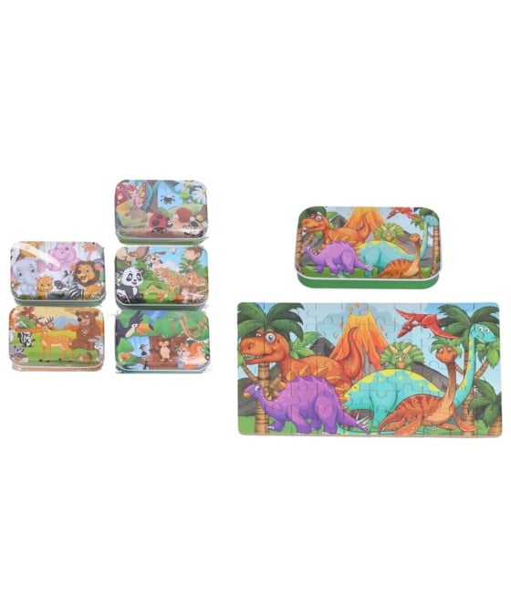 SET 2PZ PUZZLE DA 60PZ IN SCATOLA LATTA TEMA ANIMALI/DINOSAURI 53558