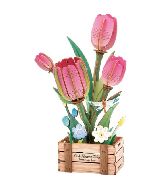 PUZZLE 3D MODELLINO GIOCATTOLO LEGNO 75PZ MODELLO TULIPANO ROSA 32387