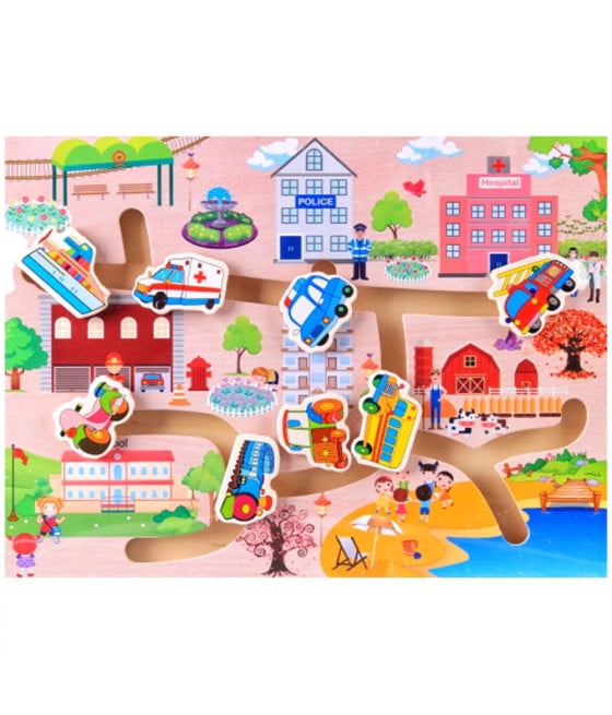 PUZZLE LABIRINTO LEGNO CON MOVIMENTO VEICOLI CITTÀ GIOCO BAMBINI 66013