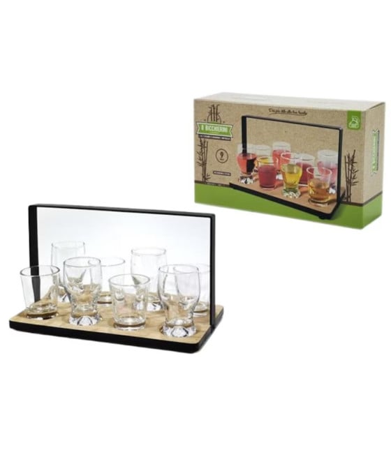 SET 9PZ DI 8 BICCHIERINI SHOT VETRO CON VASSOIO LEGNO SUPPORTO METALLO