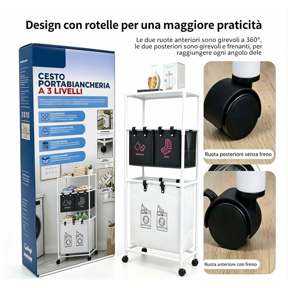 CESTO PORTABIANCHERIA ORGANIZER PER LAVANDERIA VESTITI BAGNO CON RUOTE