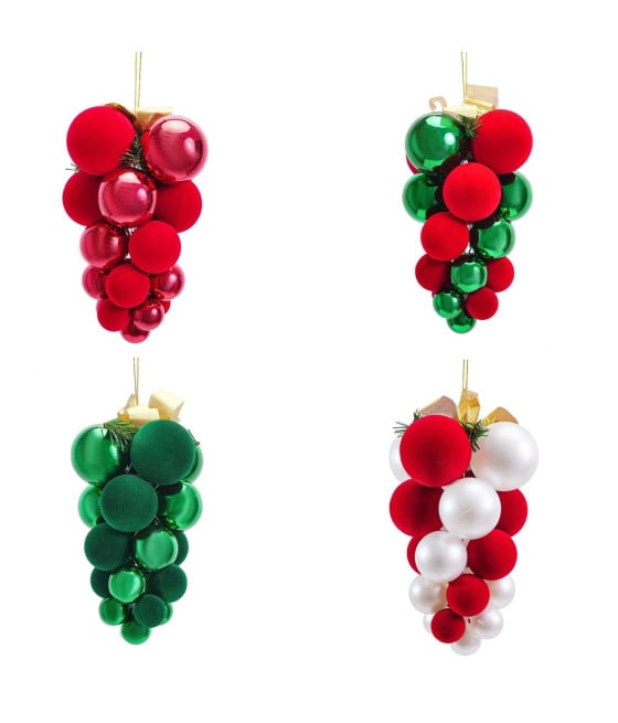 DECORAZIONE NATALIZIA GRAPPOLO PALLINE NATALE FLOCCATE LUCIDE 20X30CM