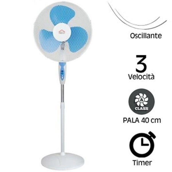 VENTILATORE A PIANTANA PALA 40CM BASE TONDA OSCILLANTE 3 VELOCITà TIMER 65W
