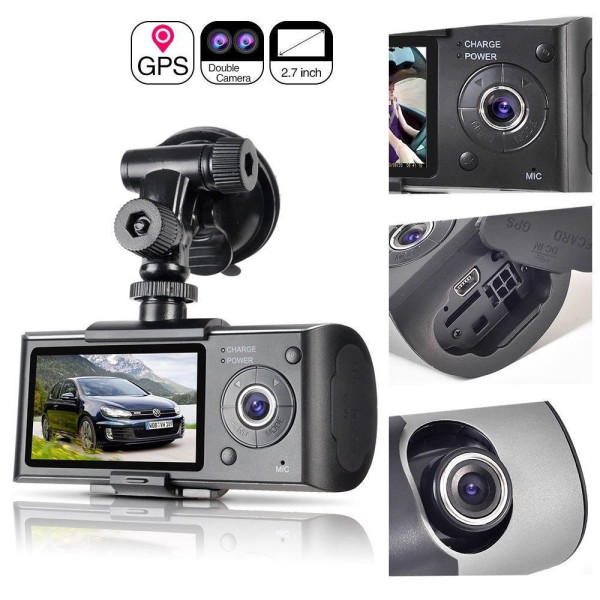 VIDEOCAMERA DOPPIA TELECAMERA AUTO REGISTRATORE STRADA INCIDENTE MONITOR DVR GPS