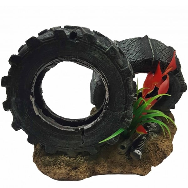 PNEUMATICO RUOTA RUOTE 18x11x12cm ORNAMENTO ACQUARIO DECORAZIONI ARREDO PIETRA