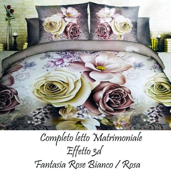COMPLETO LETTO 3D LENZUOLA MATRIMONIALE SOTTO SOPRA COPRICUSCINI ROSE COLORATE