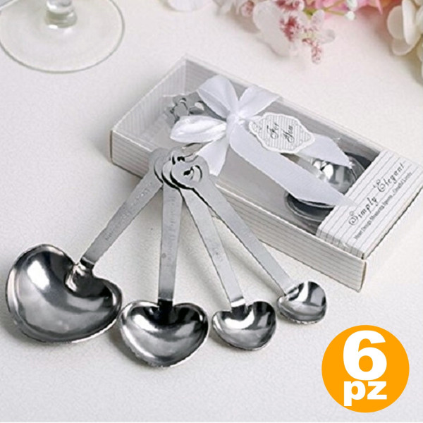 SET 6PZ. CUCCHIAIO 4 MISURE DOSATORE CUORE SCATOLA SEGNAPOSTO TAVOLA BOMBONIERA