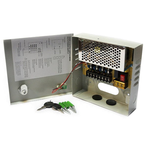RACK BOX ALIMENTATORE STABILIZZATO 4 USCITE CANALI CENTRALINA TELECAMERA DC CCTV