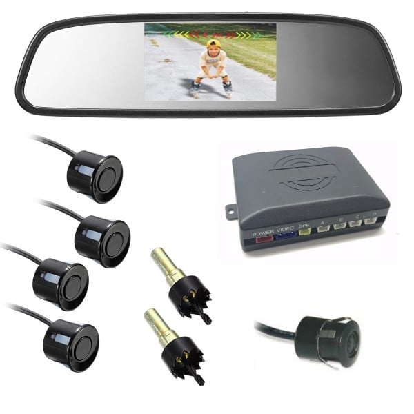 KIT PARCHEGGIO AUTO 4 SENSORI NERI TELECAMERA RETROMARCIA SPECCHIETTO MONITOR