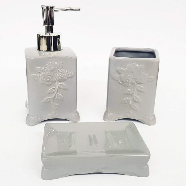 SET 3PZ BAGNO GRIGIO FIORI FLOLREALE CERAMICA DISPENSER SAPONE PORTA SAPONETTA BICCHIERE SPAZZOLINI