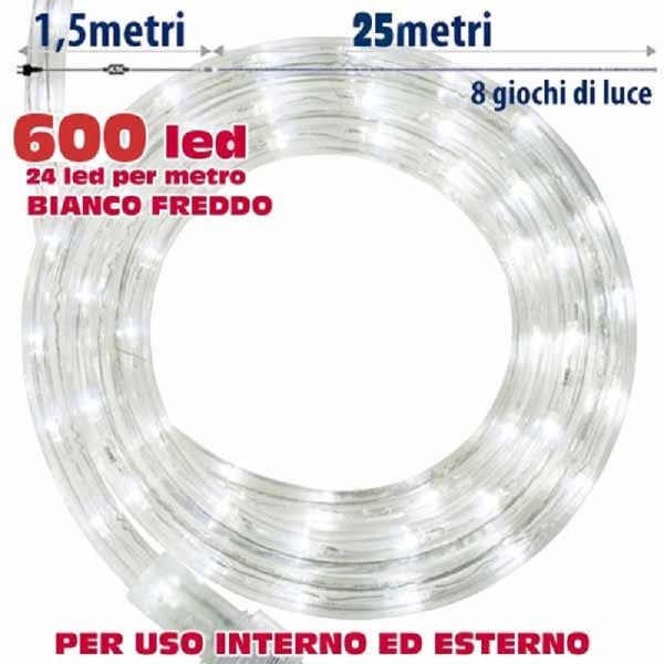 TUBO LUMINOSO NATALIZIO 25 MT LED BIANCO FREDDO CONTROLLER 8 FUNZIONI