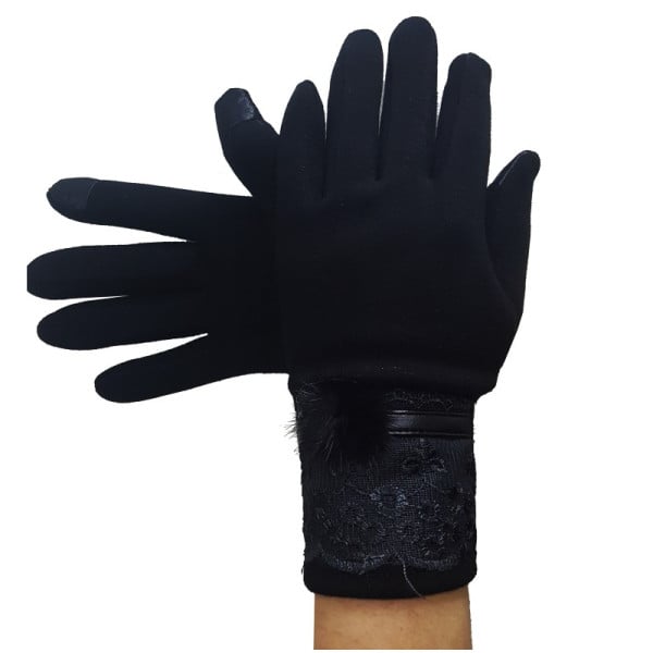 GUANTI TESSUTO COTONE DONNA NERO PON PON PIZZO TAGLIA 8 1/2 GLOVES FODERA PILE