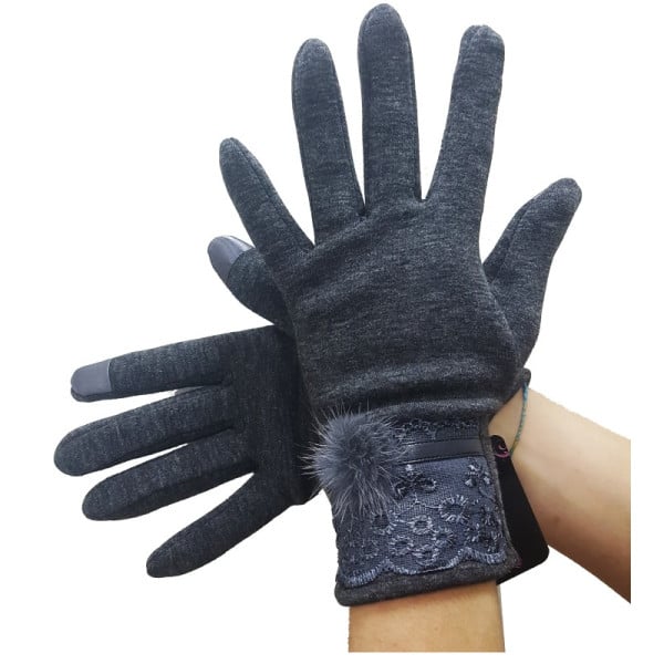 GUANTI TESSUTO COTONE DONNA GRIGIO PON PON PIZZO TAGLIA 8 GLOVES FODERA